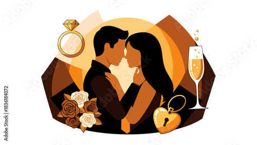 Romantic couple embrace with engagement symbols and celebratory elements