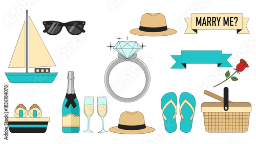 Summer proposal icons: engaging flat symbols for creative designs and wedding themes