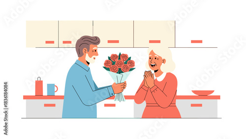 Heartwarming surprise in minimalist kitchen setting with elderly couple