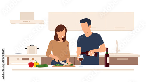 Couple cooking together in modern kitchen scene