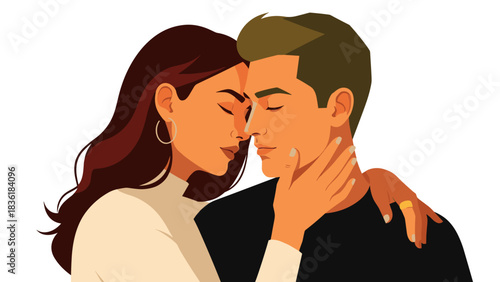 Romantic couple embrace in modern flat style art with bold colors