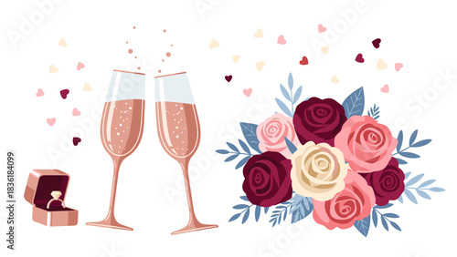 Celebration with champagne glasses, engagement ring, and floral arrangement pastel art