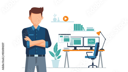 Modern workspace with developer and coding setup in flat design