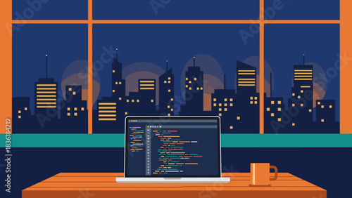 Coding at night: developer's workspace with city skyline view under evening lights