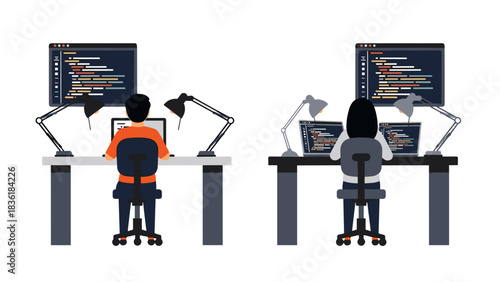 Flat design of programmers coding at desks with dual monitors and modern desk lamps