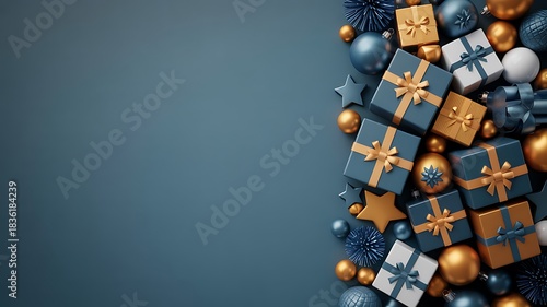 Elegant arrangement of festive holiday gifts and ornaments in rich blue and gold tones with copy space