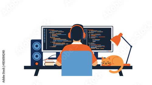 Programmer at dual screens with cat and headphones