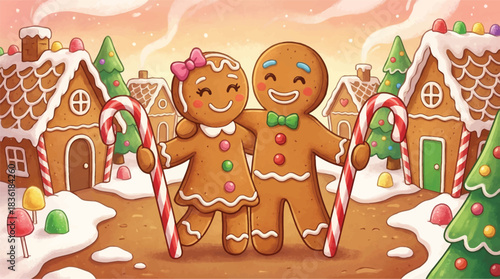 Charming gingerbread couple celebrates winter holidays in a sweet candy village, holding festive candy canes in a warm, whimsical illustration