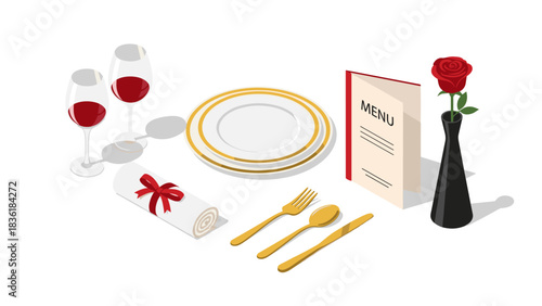 Isometric elegant table setting with wine, menu, and rose for fine dining