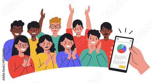 Diverse Group Celebrates Successful Business Results Displayed on Mobile Phone startup