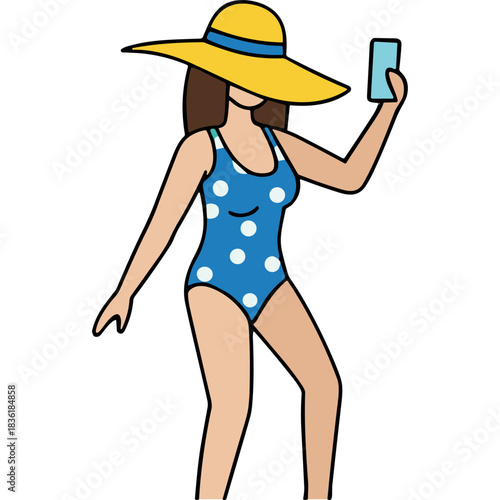 Woman in Blue Polka Dot Swimsuit and Yellow Sun Hat Takes Selfie with Phone Standing on Black Background