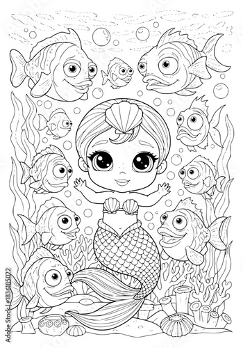 Baby mermaid surrounded by caring fish. Coloring book
