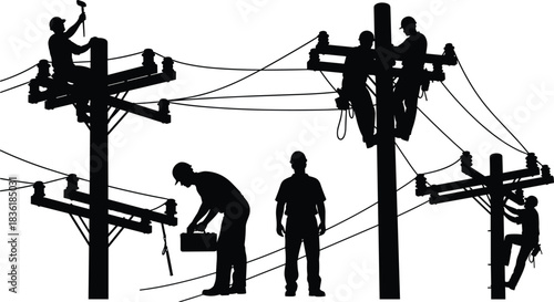 Electrical line workers repairing power poles, utility maintenance silhouettes, energy industry illustration for engineering, construction, and safety service design projects
