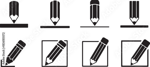 Set of eight black and white pencil icons representing writing, editing, drawing, and marking actions