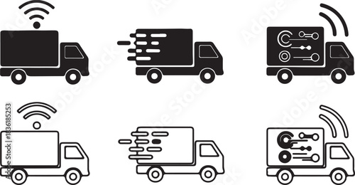 Set of six black and white icons representing delivery truck logistics, speed, and wireless tracking technology
