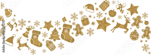Golden Christmas elements with reindeer, stars, stockings, gifts, and gingerbread cookies in festive swirl pattern for holiday decoration design