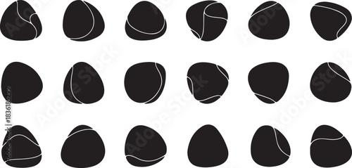 Collection of eighteen black silhouette shapes resembling irregular ovoids or abstract forms with subtle white line markings