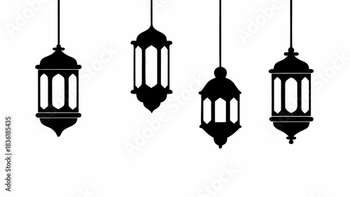 Four hanging lanterns in black and white design