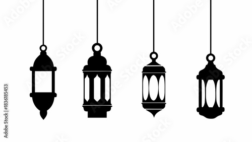 Four hanging black lanterns on a white background