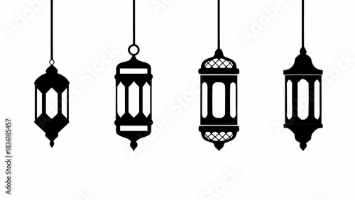 Four hanging lanterns in black and white vector