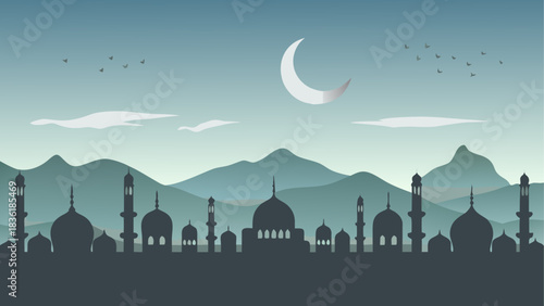 Silhouette of mosque with mountains and crescent