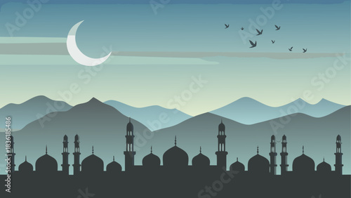 Silhouette of mosque with moon and birds in sky