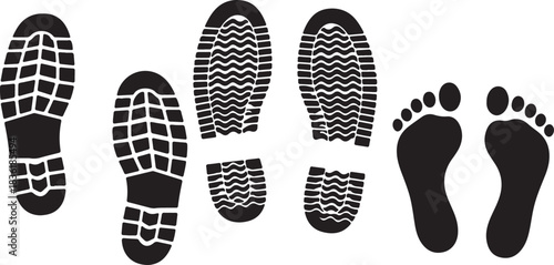 Collection of black and white footprints and boot prints showing different sole patterns