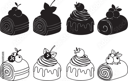 Set of eight delicious cake and dessert icons, including swiss rolls and frosted cupcakes, shown in both black silhouette and white outline styles