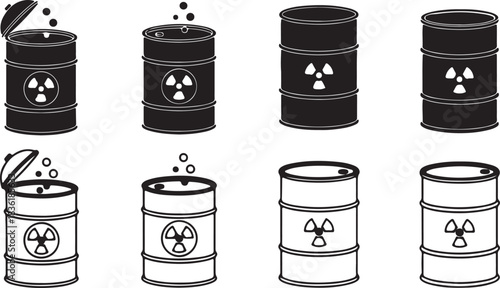 Set of eight black and white icons representing radioactive waste barrels with biohazard symbols