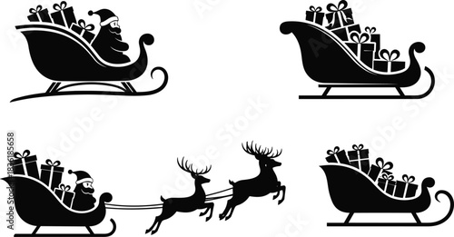 Santa sleigh with reindeer and gifts vector set, festive Christmas illustration for holiday decoration, winter celebration, and seasonal design projects