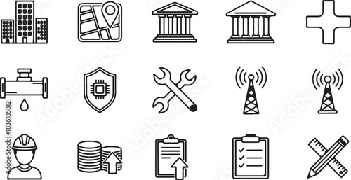 Set of various black and white line icons representing city service, maintenance, finance, security, communication, and construction concept