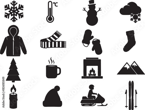 Collection of black silhouette icons representing winter season elements like snowflake, thermometer, snowman, clothing, and outdoor activity