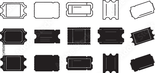 Collection of various ticket and coupon icons in black and white outline and silhouette styles