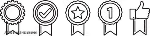 Set of five black outline award ribbon icons representing quality, success, first place, approval, and like