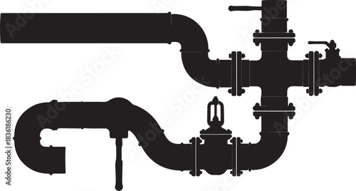 Silhouette of industrial plumbing system with various pipes, valves, and flanges