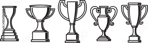 Collection of five different black and white trophy cup icons in a row