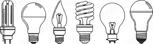 Collection of six different types of energysaving light bulbs in black and white line art style