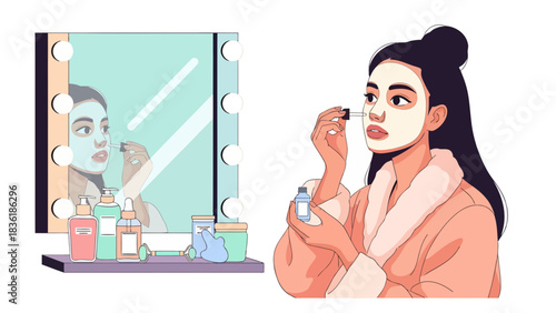 Woman applies facial serum after her self care routine reflecting beautifully in a brightly lit vanity mirror