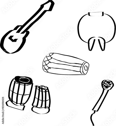 A playful sketching of musical instruments—strings, drums, and mic—captures the raw expressive spirit of sound, creativity, and spontaneous artistic energy in simple bold lines.