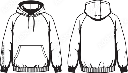 Black and white technical sketch drawing of a hooded sweatshirt with a front kangaroo pocket, showing front and back views