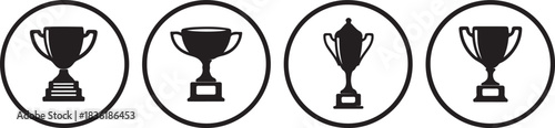 Set of four different black and white trophy icons in circles representing achievement, award, victory, success, and competition
