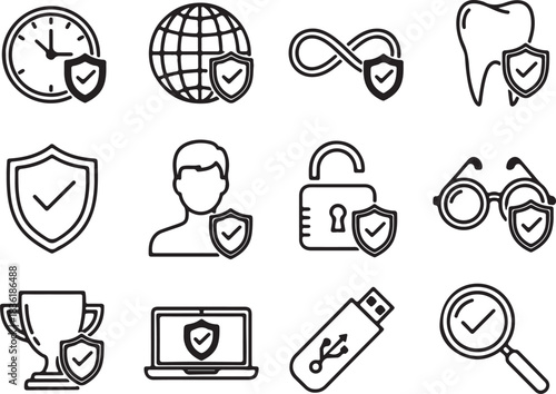 Set of twelve black and white line icons representing various concepts protected by a shield