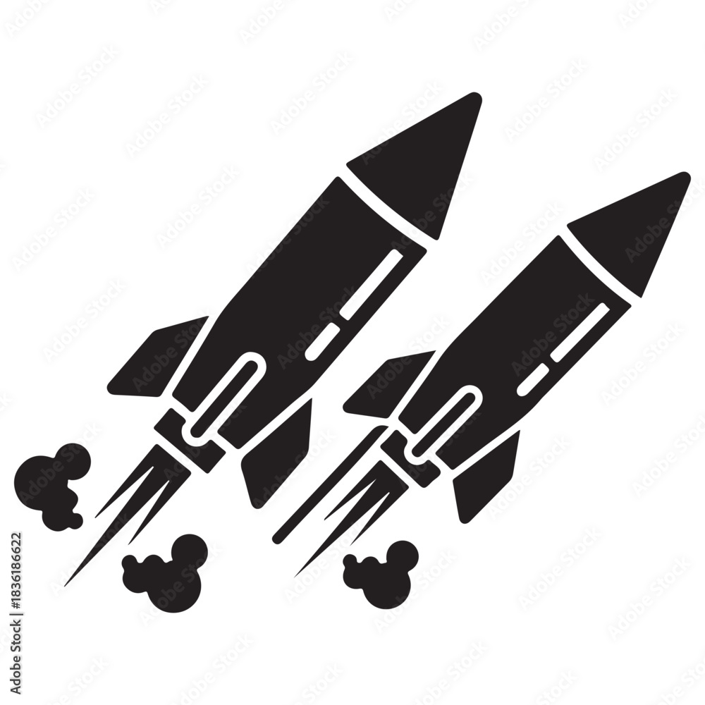 Fotografie Two Black Vector Rockets Launching Diagonally Upward Icon Design