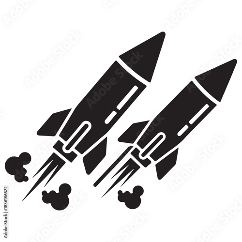 Two Black Vector Rockets Launching Diagonally Upward Icon Design