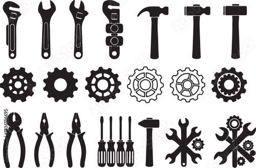 Collection of black silhouette icons representing various mechanical tools, including wrenches, hammers, pliers, screwdrivers, and gears