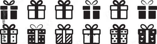 Collection of twelve black and white gift box icons with bows, featuring solid fill and patterned designs