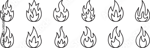 Set of twelve different hand drawn outline icons representing various styles of fire flame shapes