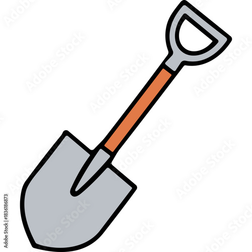 Simple illustration of a shovel with a gray metal head and an orange wooden handle on a black background with clean lines and a minimalist design suitable for graphic illustration and design elements