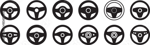 Collection of twelve black and white steering wheel icons showing various designs for car control and driving interface
