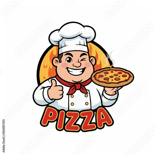 Friendly cartoon chef illustration winking and giving a thumbs up, proudly presenting a delicious hot pizza. Ideal for pizzeria logos, food delivery, or restaurant promotions
